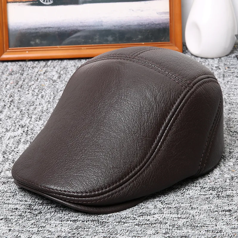 

Haining Really Leather Hat Man Sheep Skin Beret Peaked Cap