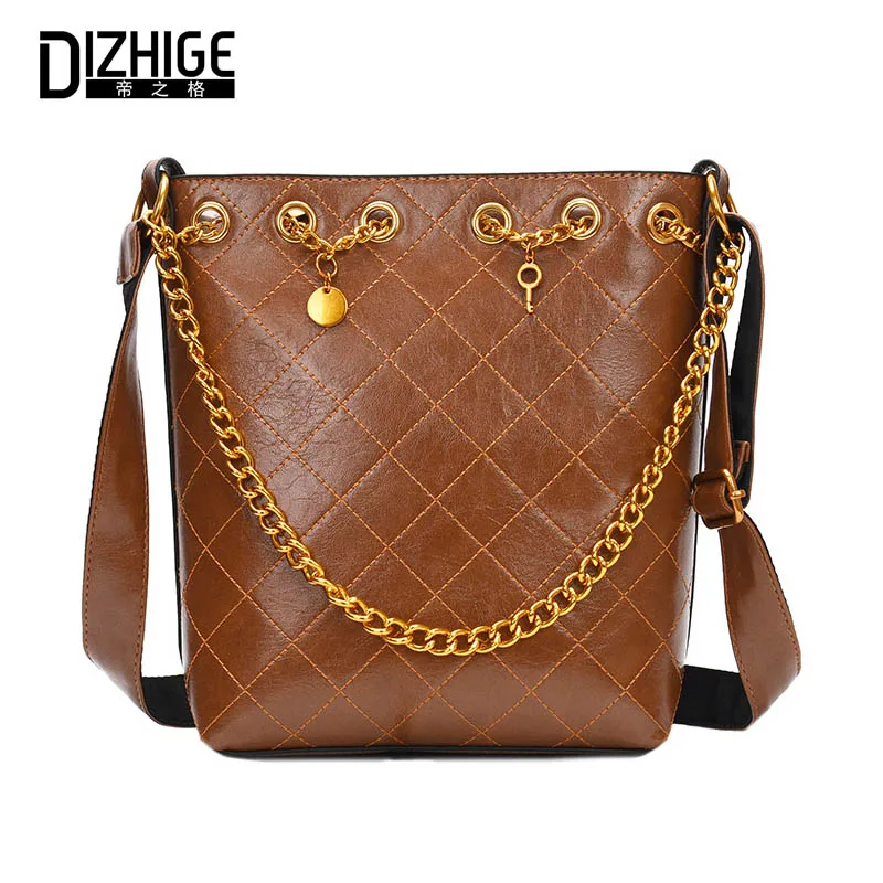 

DIZHIGE High Quality Leather Bucket Women Bags Chain Shoulder Bags Solid Handbag Women Crossbody Bags Ladies Spring Summer 2019