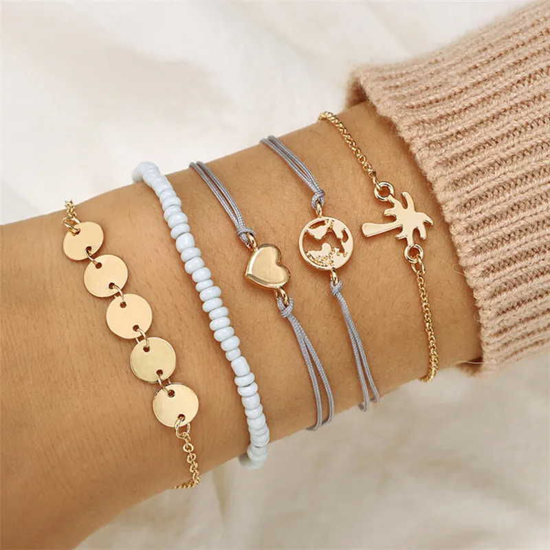 

5pcs/set Fashion Gold Coconut Tree Map Love Geometric Pendant Bracelet/bangle Ocean Beach Boho For Women Jewelry Gift Wholesale