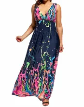 Summer Women Plus Size Dress Deep V Neck Sleeveless High Waist Print Dresses Ladies Casual Long Maxi Robe summer deep v neck high waist maternity maxi dresses sleeveless draping long evening gown for pregnant women dinner slim dress