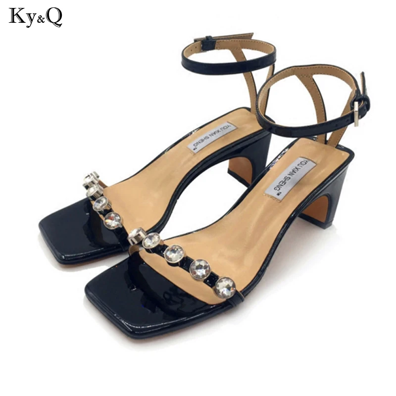 

2019 Summer New Simple Fashion Rhinestone Thick With A Word Buckle With Square Head Open Toe Elegant High Heel Sandals 5-8cm