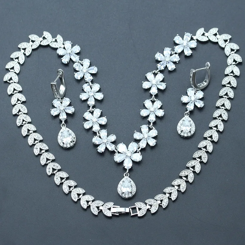 

White Cubic Zirconia Wedding Necklace Earrings For Women Silver Fashion luxury Jewelry Sets For Brides Gift