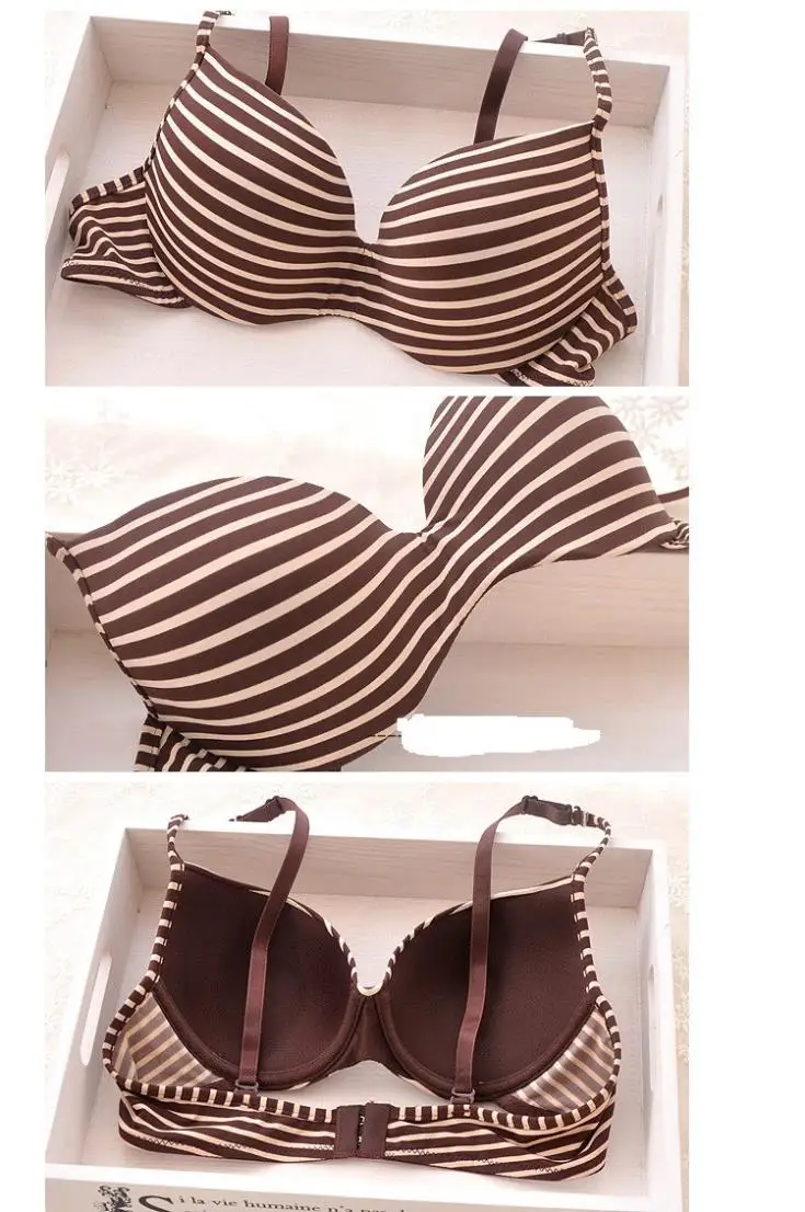 New 2014 cotton striped seamless push up thin cup lingerie set for girl cute and comfortable bra underwear set()