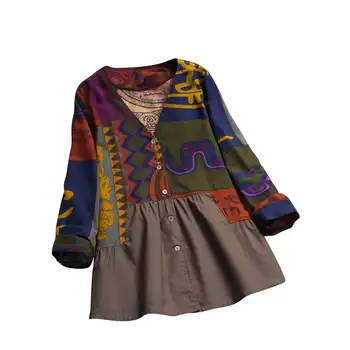 

Women Vintage Blouse Stitching printing Print Cardigan Blouse Long Sleeve V-Neck Boho Tropical Shirt Loose Casual Long