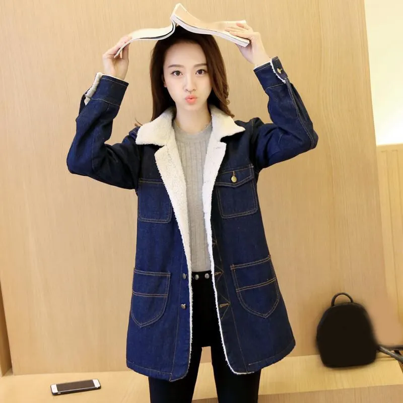 Longues Veste Chaud Hiver Automne Jeans Nouveau Bleu Agneaux Pour Poches 2019 Épais Manteau Denim Femmes Manches wqzAw4fx
