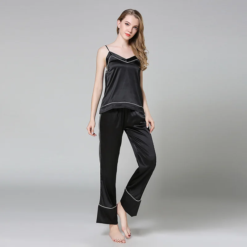 Новый Для женщин одежда для сна лето-осень пикантные Пижама с разрезом комплекты однотонный атлас спагетти ремень сверху и длинные штаны