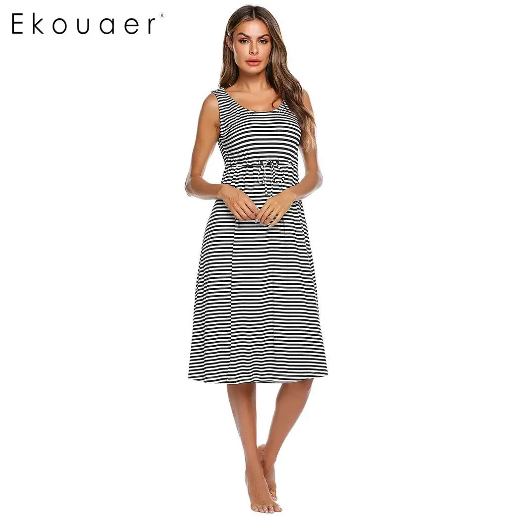 

Ekouaer Summer Nightgown Women Sleeping Dress O-Neck Sleeveless Maternity Night Gown Loose Drawstring Nightdress Homewear