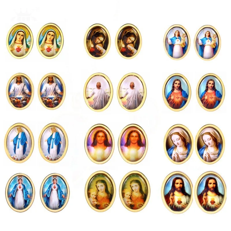 RIR Нержавеющая сталь Девы Марии цветное Стекло Christian, серьги со шпилькой, для Для женщин детские ювелирные изделия религиозной тематики серьги три Цвет выбрать