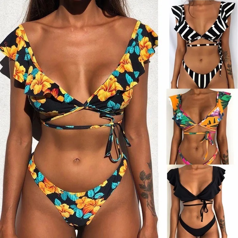 

Women Ruffle Swimsuit Sexy Bandage Bikinis Set Swimwear Floral Print Bathing Suit 2019 Solid Brazilian Bikini Female Biquini