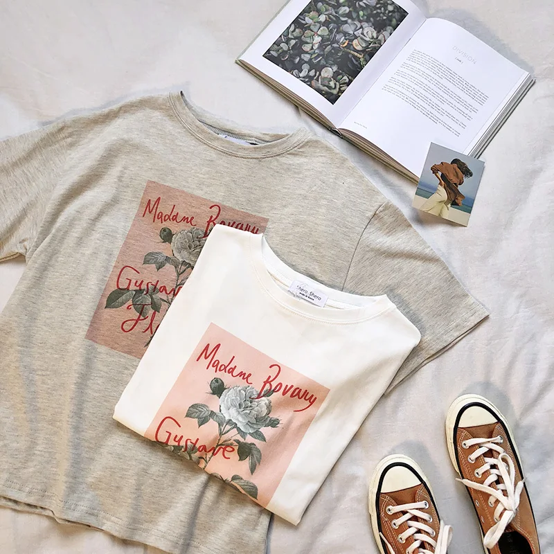 

Flower Print Vintage T Shirt Women Short Sleeve Gray White Boyfriend T-shirt Tops For Summer
