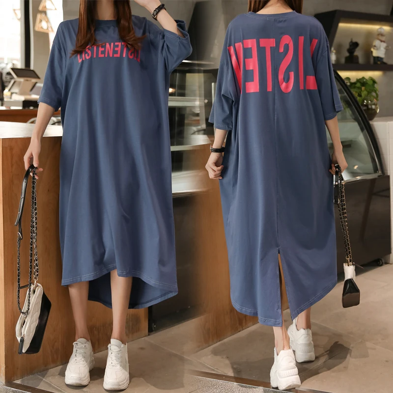 

XL-5XL Plus Size Long T shirt Dress Women Summer Clothes 2019 Letter Printed Short Sleeve Cotton Loose Casual Back Split Dresses