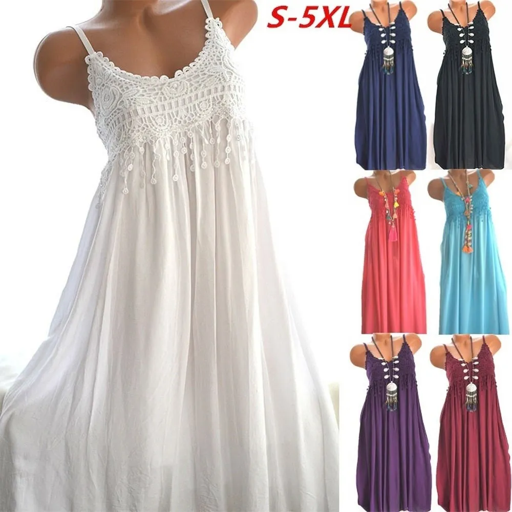 

Summer Women Sexy Dress Ladies Casual Crocheted Lace Beach Dress O-Neck Female Empire Long Plus Size Dress