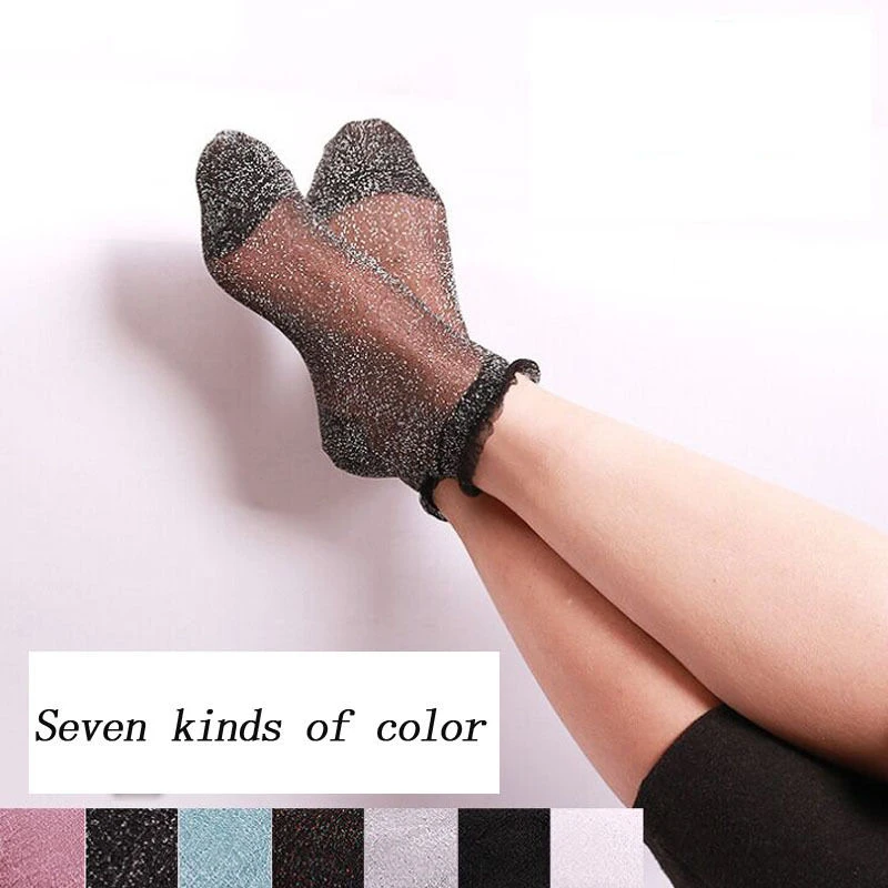 

2019 Women Ankle Socks Ladies Sheer Silky Glitter Transparent Lace Thin Short Summer Fashion Casual New Hot Sale