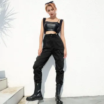 

2018 Autumn Women Casual High Waist Pants Fashion Streetwear Suspender Pleated Cargo Pants Pockets Jogger Pencil Pants Femme
