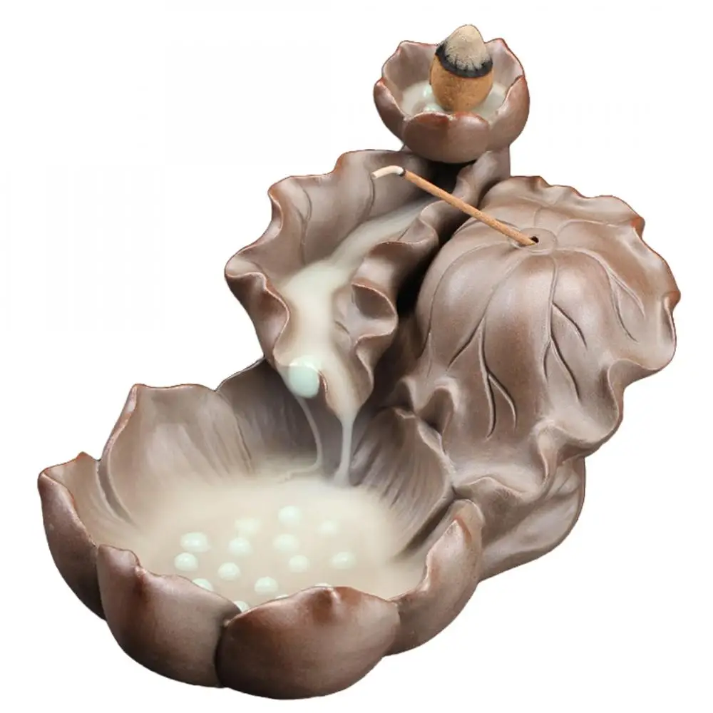 Lotus Leaf Ceramic Backflow Incense Burner Lotus Flower Smoke Waterfall Stick Incense Holder