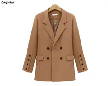 Buy Autumn Winter Suit Blazer Women 2018 New Casual Double Breasted Pocket Women Jackets Elegant Long Sleeve Blazer Outerwear Free Shipping