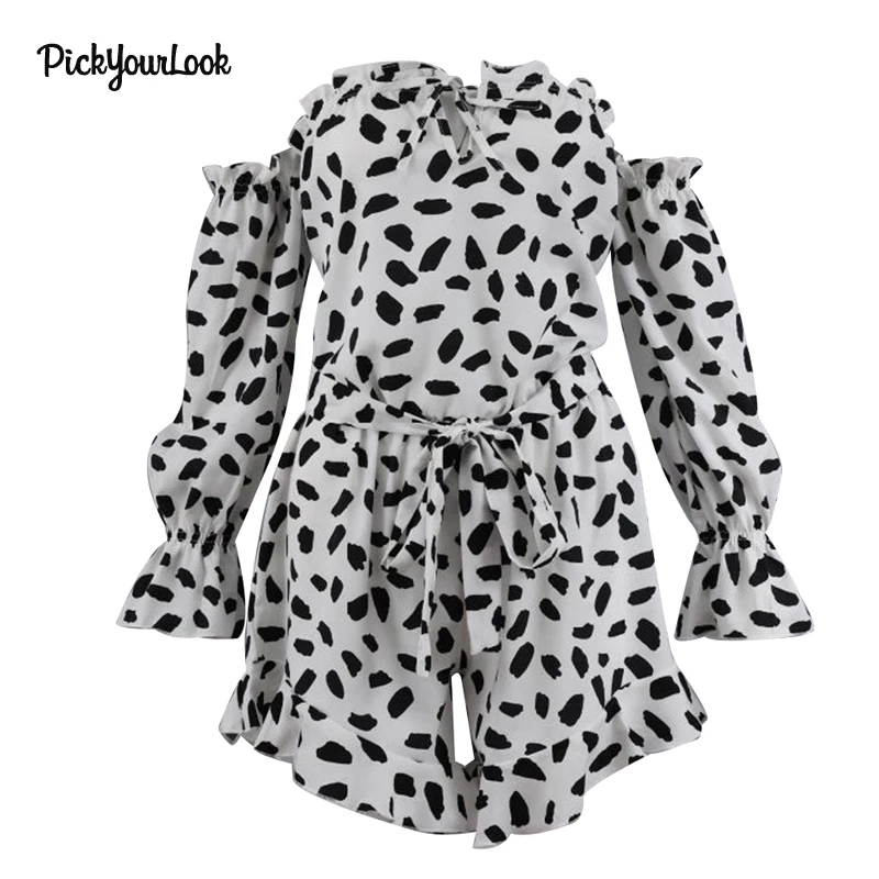 PickyourLook Print Leopard Jumpsuit Off Shoulder Playsuits Summer Rompers Womens Jumpsuits and Playsuits Ruffles Sexy Playsuit