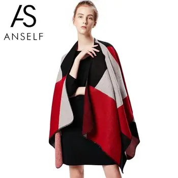 

Winter Women Vintage Loose Splice Oversized Knitted Cashmere Poncho Cape Shawl Long Square Scarf Cardigan Kimono Outerwear Coat