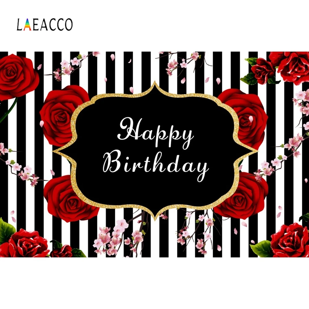 

Laeacco Red Rose Birthday Party Backdrop Black and White Photography Background Customize Photographic Backdrop For Photo Studio