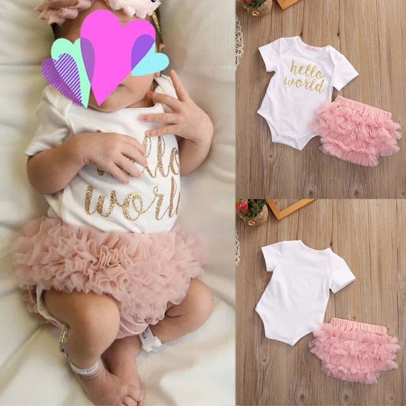 

3PCS Hot Sale Newborn Baby Girls Short Sleeve Tops Baby Bodysuit Tulle Tutu Skirt Headband Outfit Set 2019 New Fashion Clothes