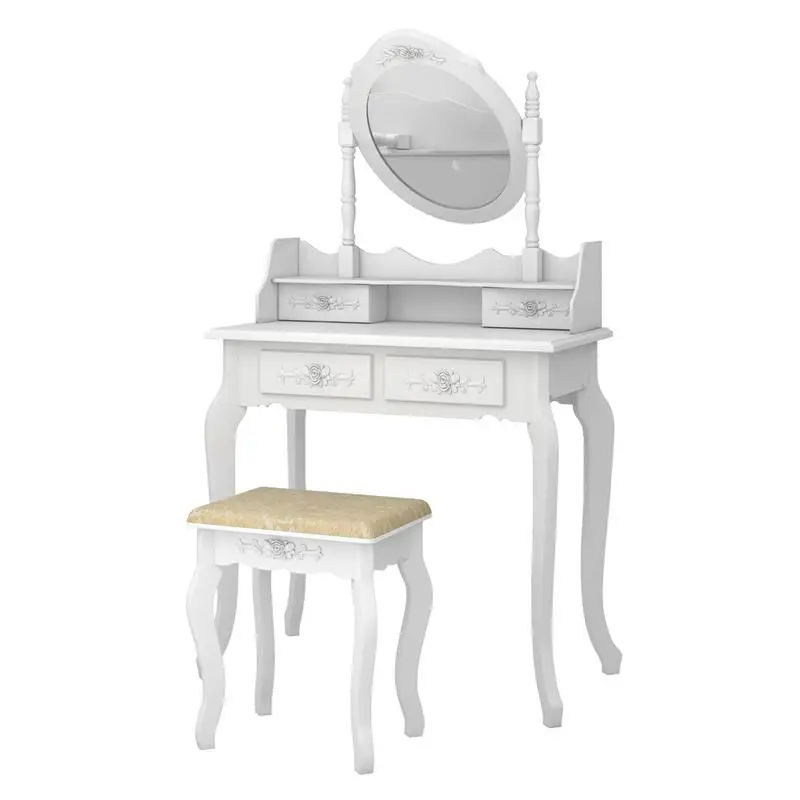 

White Makeup Dressing Table Set With Stool 4 Drawer&Mirror 360-Degree Rotation Removable Mirror Dresser Wood Desk US Shipping