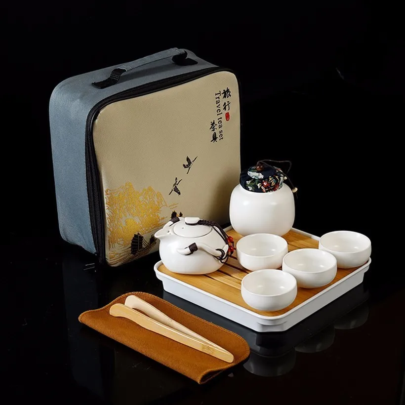 Portable Chinese Ceramic Porcelain Teapot Gift Bag All in One for Business Hotel Infuser Outdoor Picnic Travel Kung Fu Tea Pot Cup Set with Tray Portable Chinese Ceramic Porcelain Teapot Gift Bag All in One for Business Hotel Infuser Outdoor Picnic Travel Kung Fu Tea Pot Cup Set with Tray