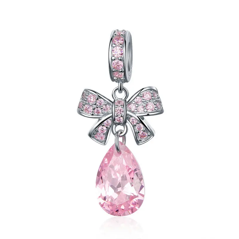 

MOWIMO Genuine 925 Sterling Silver Bowknot Droplet Charm Pink Bead Fit Original Pandora Bracelets Pendant Luxury Jewelry BKC1074