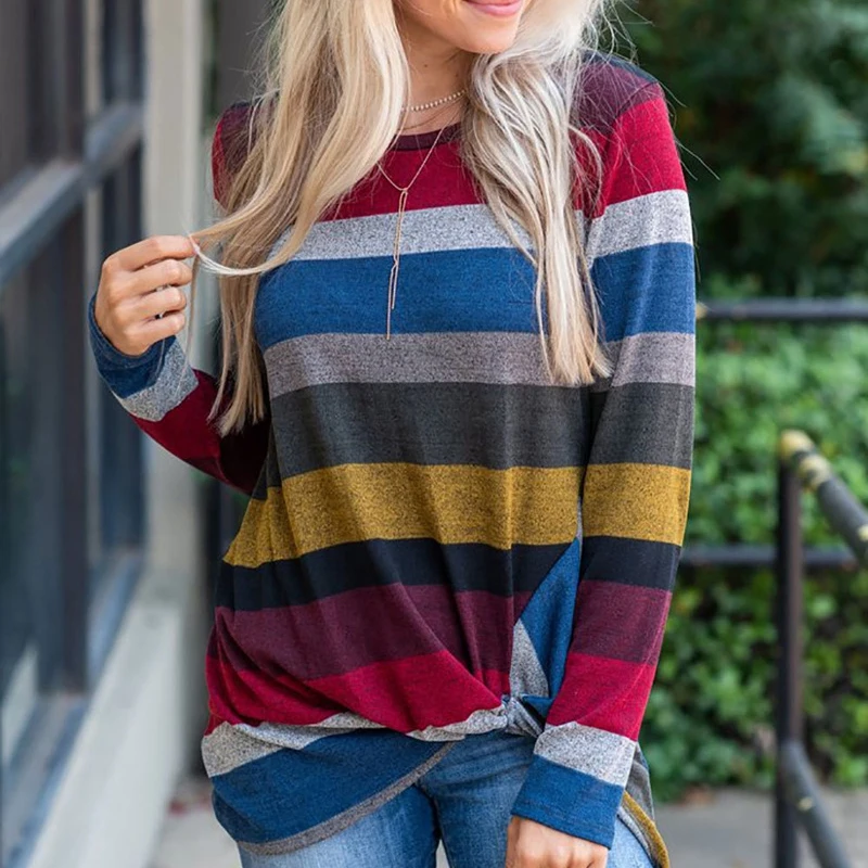 

Women Color Block Stripe Long Sleeve girl T-Shirts Tops female blusas T Shirt Casual Stripe Cotton Blend Tee Tops