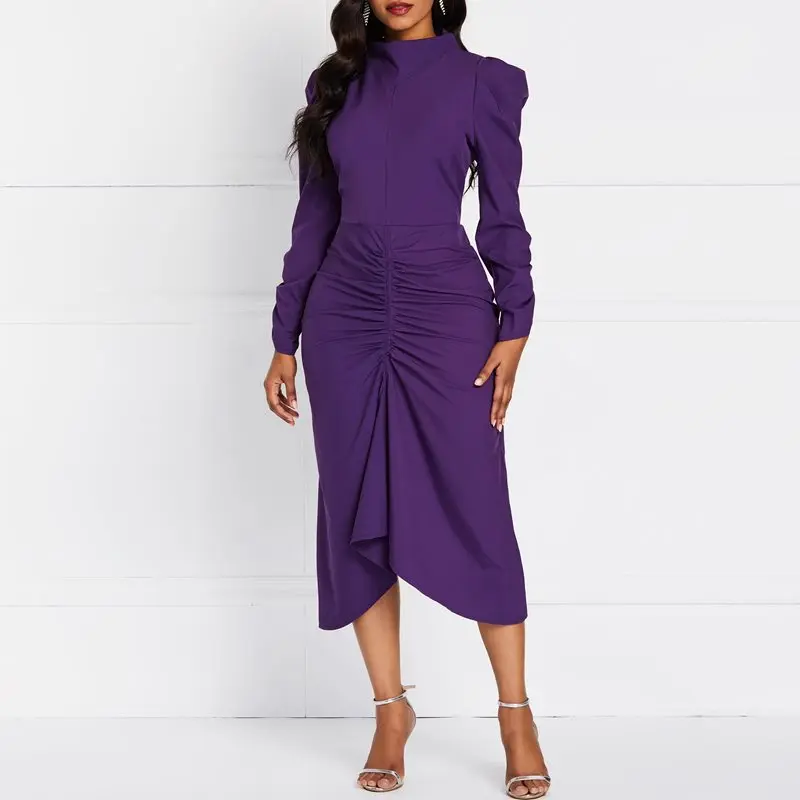 

Summer Retro Party Purple Elegant Women Pleated Dresses Casual Plus Size Vintage Office Lady Stand Collar Female Fashion Dress