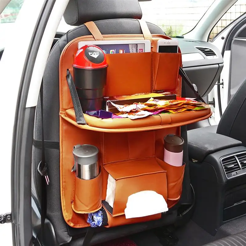 

Universal Car Multi-Pocket Seat Back Hanging Organizer Bag Auto Foldable Shelf PU Leather Pad Cups Storage Holder Bag