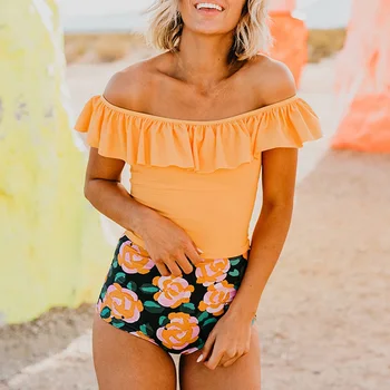 

Off shoulder ruffles swimwear size plus Vintage high waist bikinis 2019 mujer Push up sexy swimsuit female summer XXL