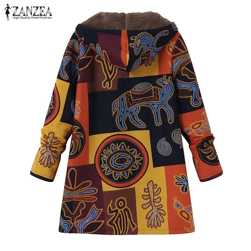 Finest Plus Size Female Jackets 2019 ZANZEA Winter Warm Ethnic Printed Fluffy Coats Women's Long Sleeve Ho