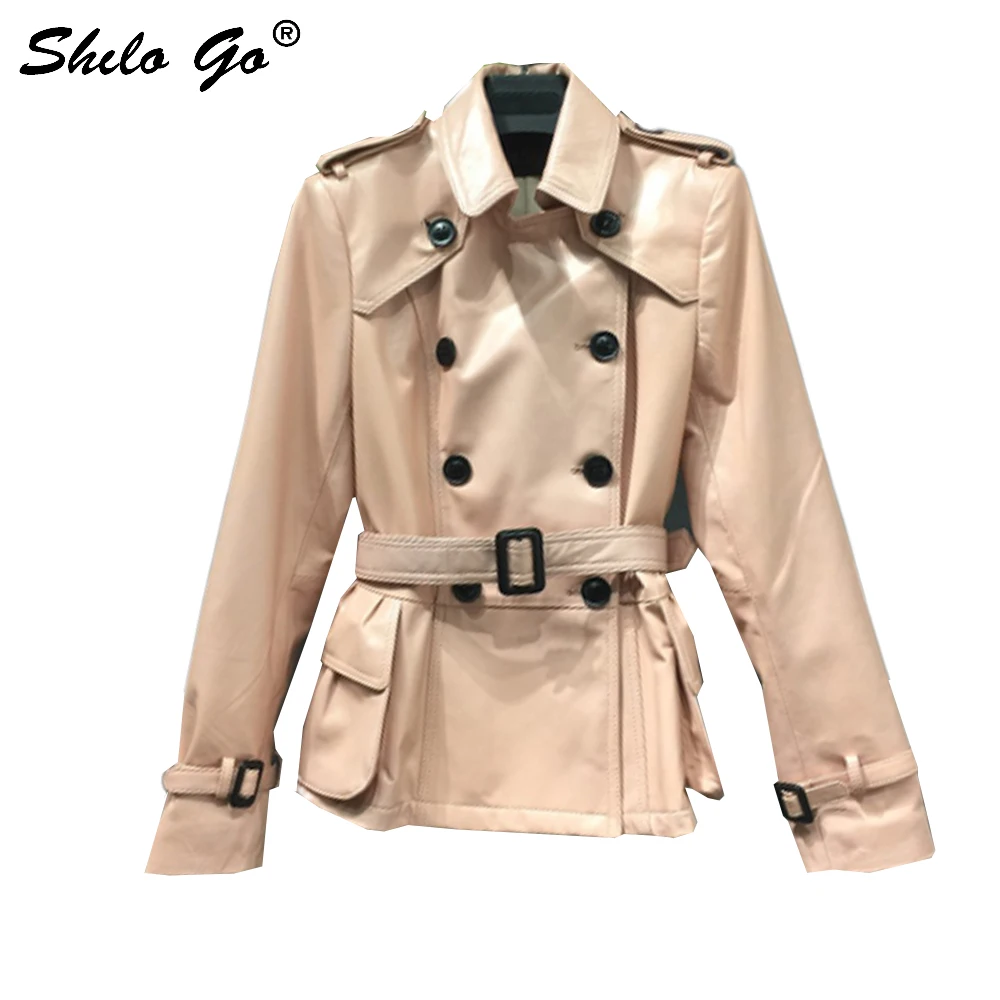 

Double Breasted Leather Trench Women Spring Colors Belt Sheepskin Genuine Leather Short Coat Casual Lace Up Cuff Female Coat