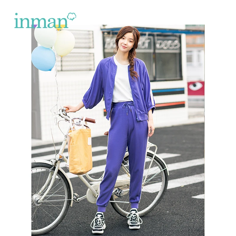 

INMAN 2019 Spring New Arrival Baseball Collar Casual Sportswear High Waist Slim Loose Pencil Pants Women Two Pieces Suit