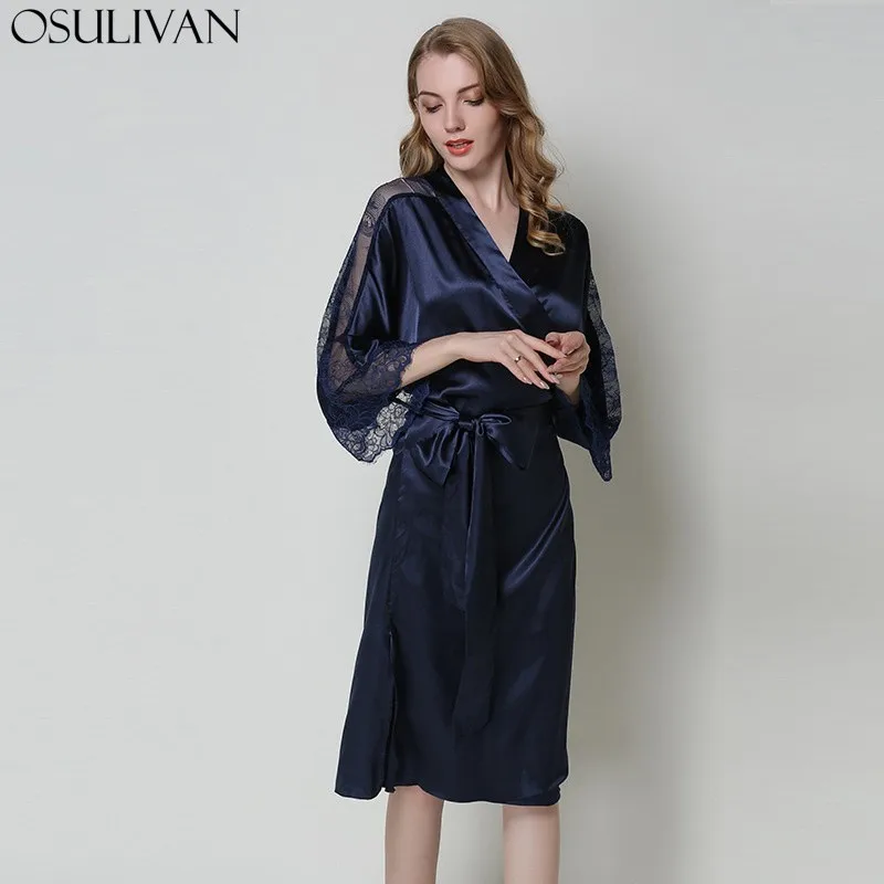 

OSULIVAN Bride Robe Peignoir Satin Femme Bridal Robes Bridesmaids Robes Bathrobe Three Quarter Sleeve Bow Lace Up Sleepwear Home