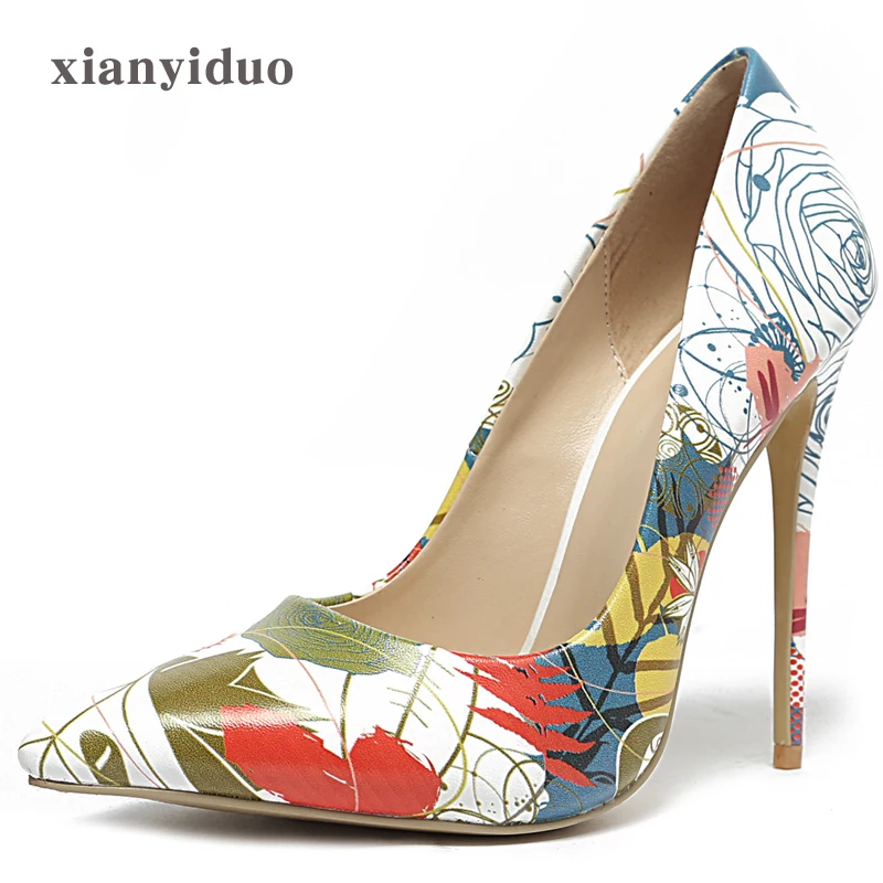 

2019 new Spring party Women's print shoes ultra high heels Pumps Pointed Toe Sexy Shallow party plus size large 34-45 White/A431