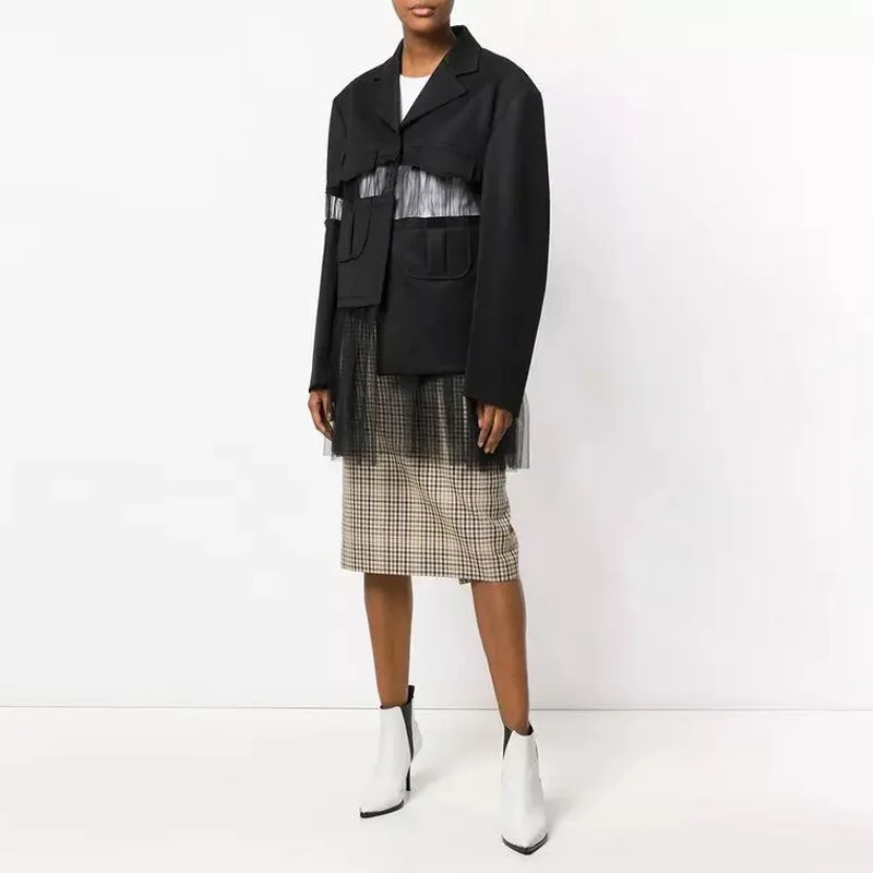 

DEAT 2019 new turn-down collar full sleeves mesh patchwork asymmetrical cuted single breasted spring female blazer WD94601L