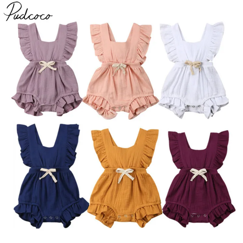 

2019 Brand New Newborn Infant Kids Baby Girls Boys Cotton Romper Ruffles Sleeveless Belt Solid Jumpsuits Summer Clothes Playsuit