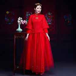 2019 вышивка невесты Современные Qipao Для женщин Традиционный китайский платья Китай Свадебный сатиновый платье Винтаж Cheongsam длинный халат из