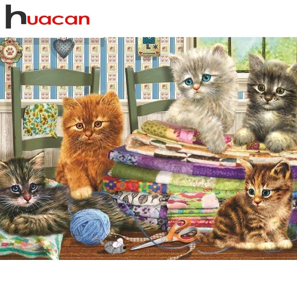 

Huacan Diamond Painting Animals Picture With Rhinestones Diamond Mosaic Cats Full Square Diamond Embroidery Cartoon Home Decor