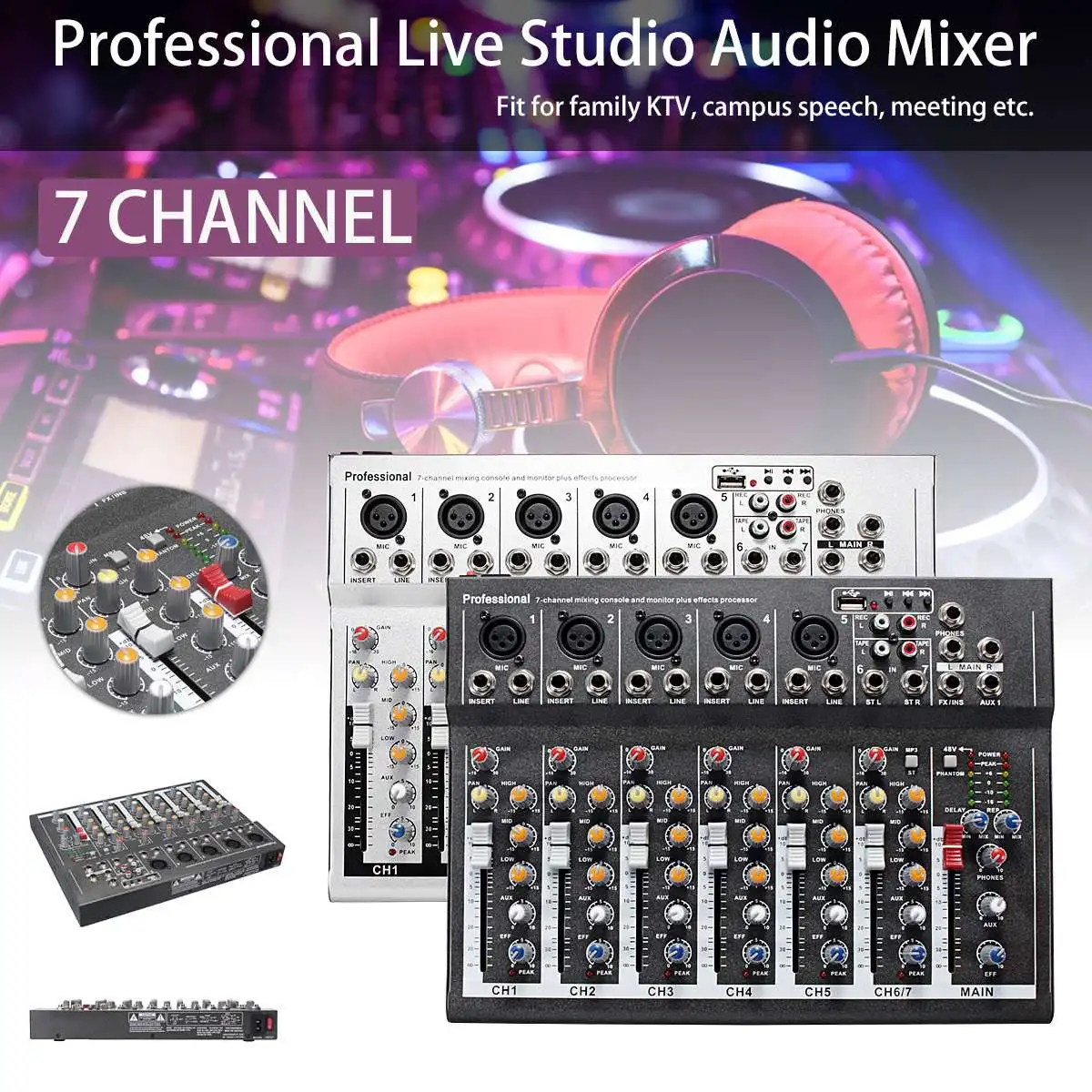 

Leory Mini Portable 7 Channel Karaoke Audio Mixer Amplifier Digital Microphone Sound Mixing Console for Family KTV White Black