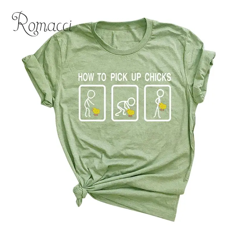 

Romacci Casual Cotton T-Shirt Women HOW TO PICK UP CHICKS Letter Cartoon Print Oversized T Shirt Short Sleeve O-Neck Funny Tops
