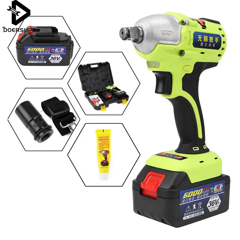 

36V 1/2 inch Brushless Cordless Impact Wrench 6000mAh Lithium Battery Power Tool Kits + 2 Li-ion Battery Hammerdrill with LED