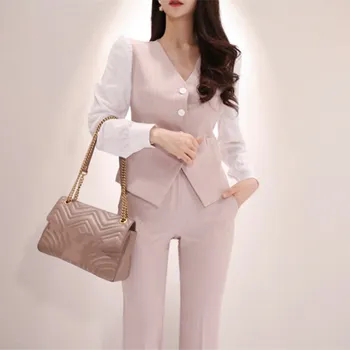

2019 Women Striped Pockets Office Lady Three Piece Uniform Pink Long Sleeve Double Breasted Party Suits