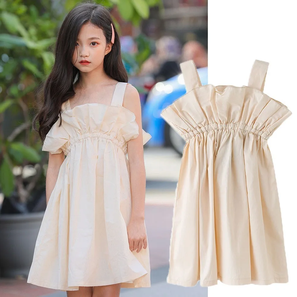 

Little Girls Summer Clothes Party Dress Beige Big Kids Party Girls Fashion Dress 2019 Ruffles A-line Kids Clothes New