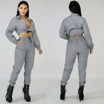 

2019 Ladies2 Styles Women Spring Casual Reflective Zipper Long Sleeve Top Pants Sets Casual Club Jumpsuits