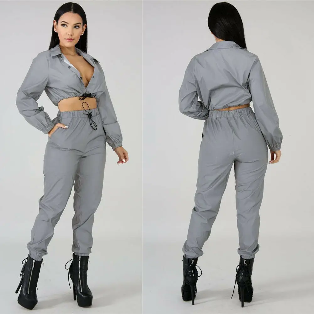2019 женские весенние повседневные светоотражающие брюки и топ на молнии с длинным