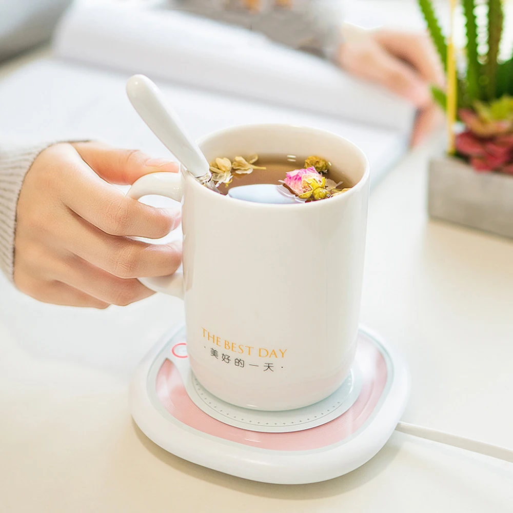 

Creative 55 Degree Heated Cup Celsius Table Home Office Ceramics Warming Heating Cup With Coaster Romantic Gift Birthday Present