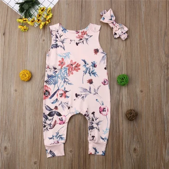 

0-24M Infant Baby Girl Floral Romper Jumpsuit Outfits Sleeveless Clothes Headband Set