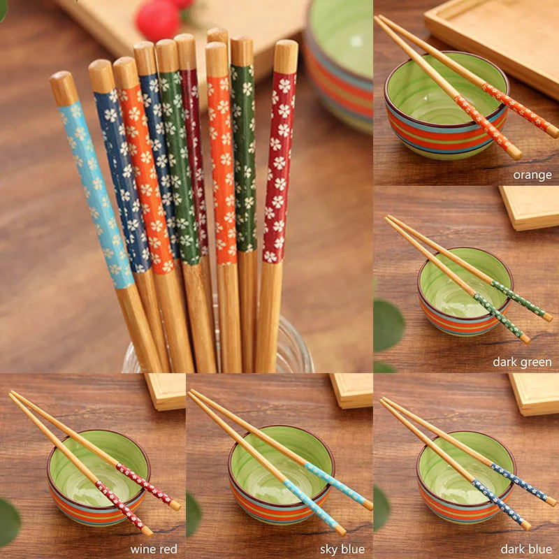 

5 Pairs Bamboo Japanese Style Engraved Tableware Set Eco-friendly Chopsticks Tableware Cherry Blossom Pattern Nice Gift Durable